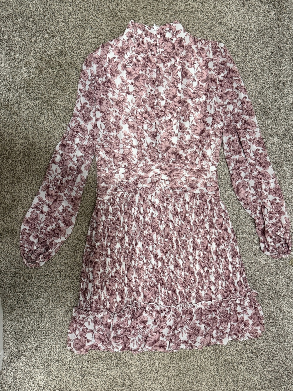 Floral Long Sleeve Smocked Waist Mini Dress - White & Dusty Rose